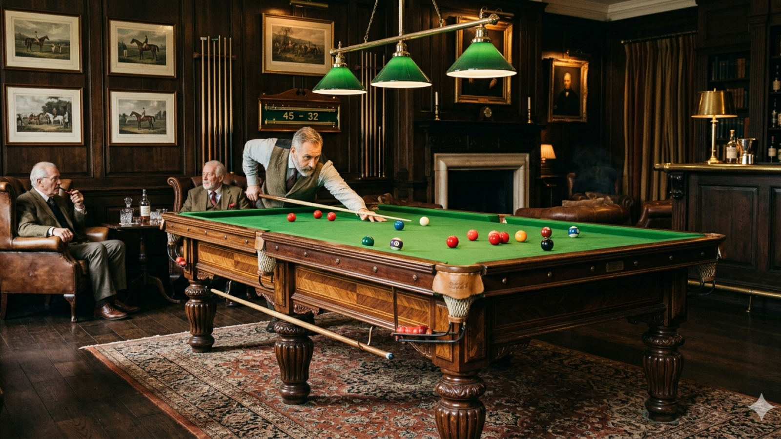 Table de billard ancienne style vintage, ambiance club anglais