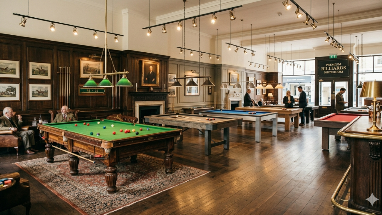 Plusieurs tables de billard dans un showroom, choix