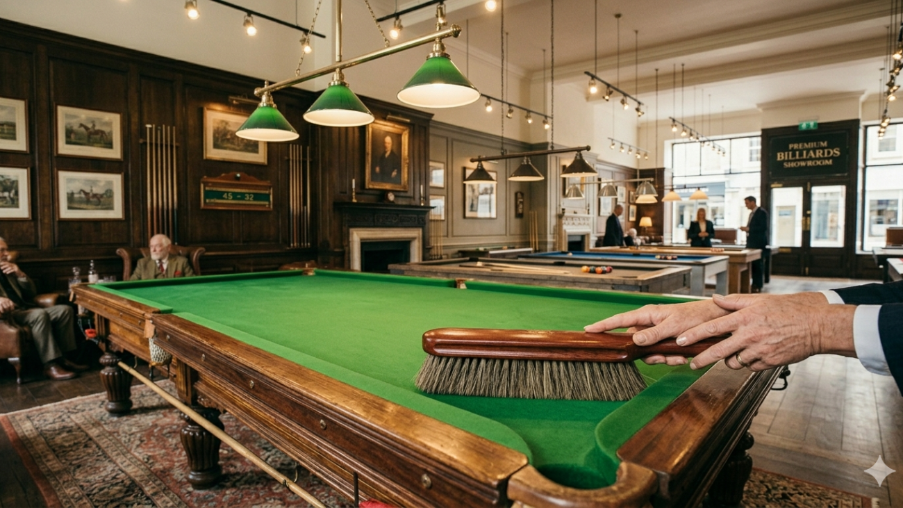 Mains entretenant un tapis de billard avec une brosse