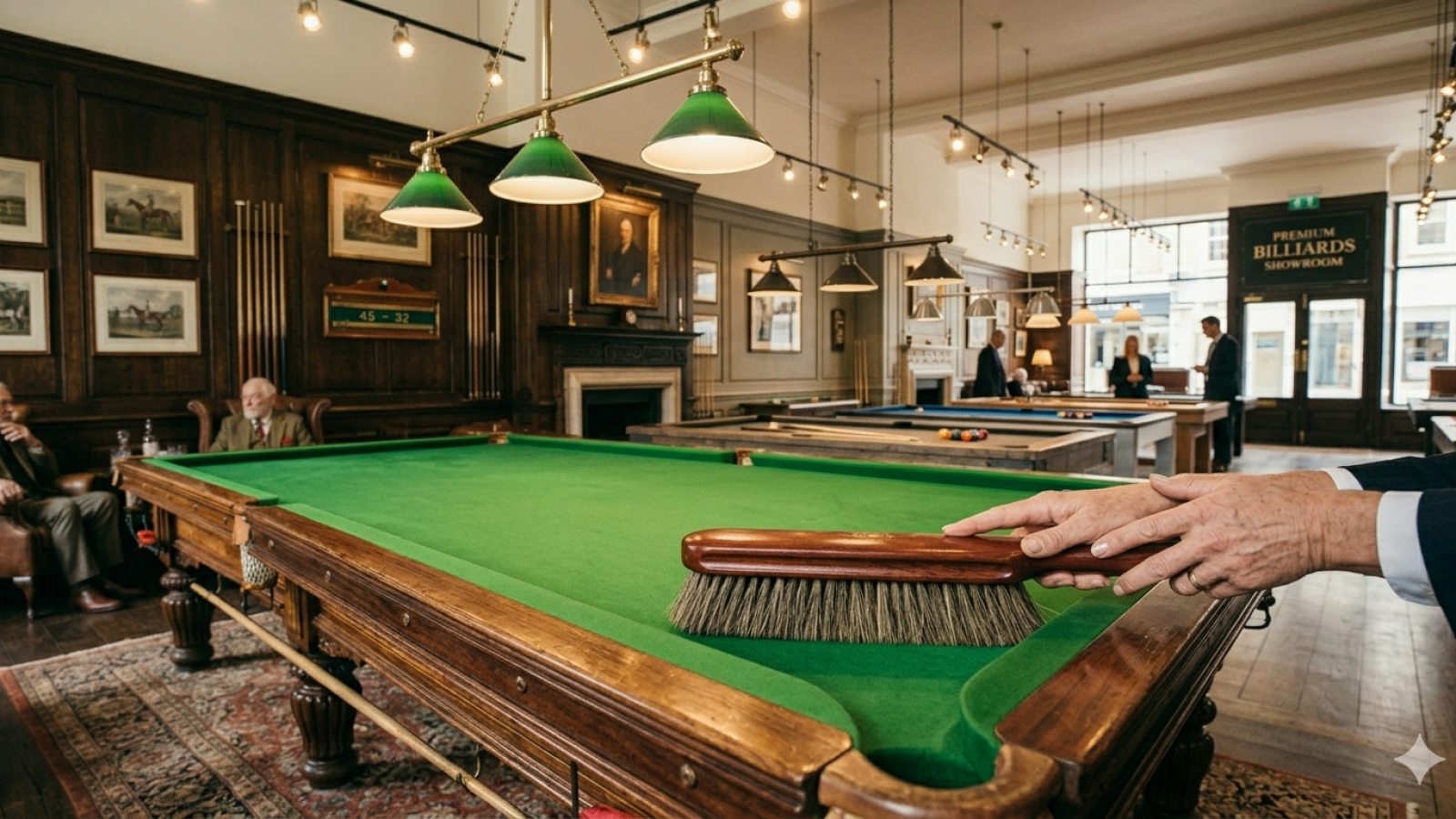 Mains entretenant un tapis de billard avec une brosse